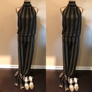 Black And Gold Metallic Stripe Jumpsuit